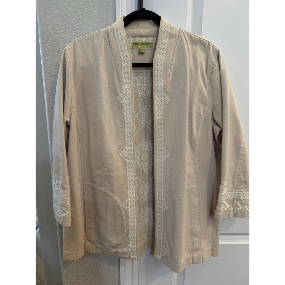 Sigrid Olsen Signature‎ Jacket Cotton light beige white embroidery Large India